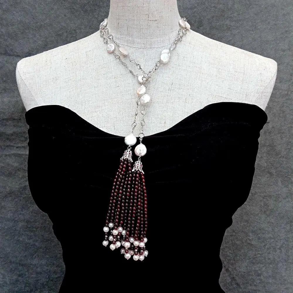 KKGEM  Garnet Tassel Long Lariat Necklace 12mm Cultured White Coin Pearl Gold Plated Rosary Chain Necklace